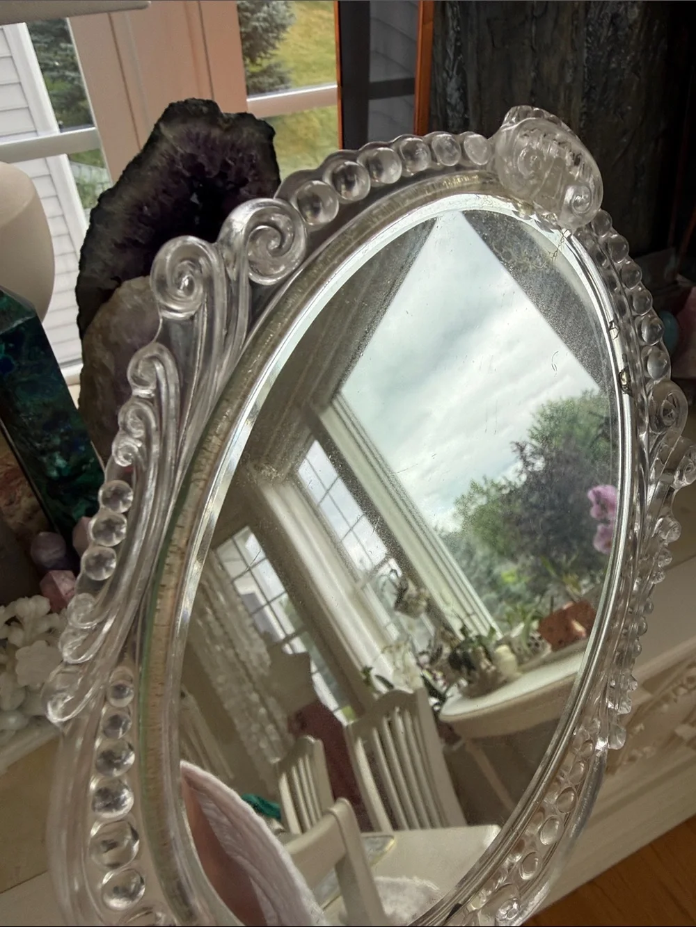 Vintage Clear Lucite Handheld Vanity Mirror